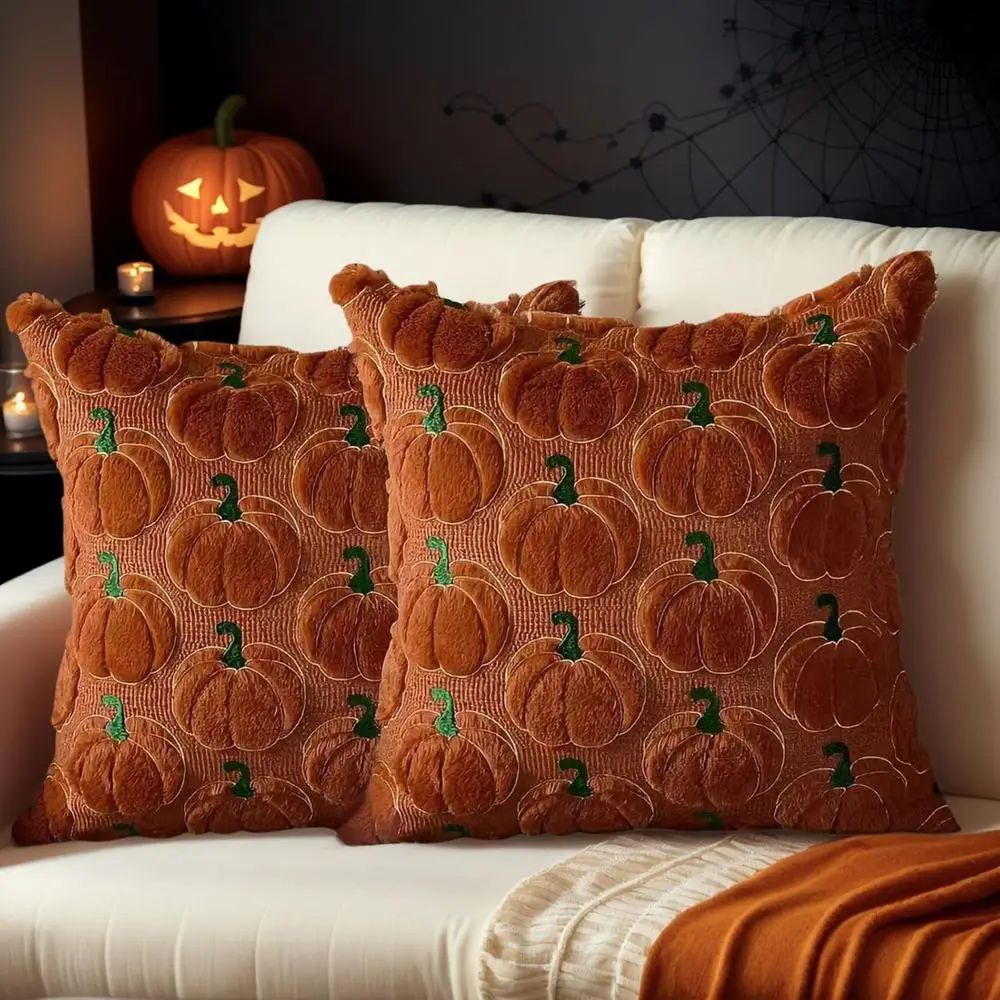 Kissenbezug 45x45 Weiß mit Geistern, Halloween-Deko – Braun – Kürbisse mit Stielen