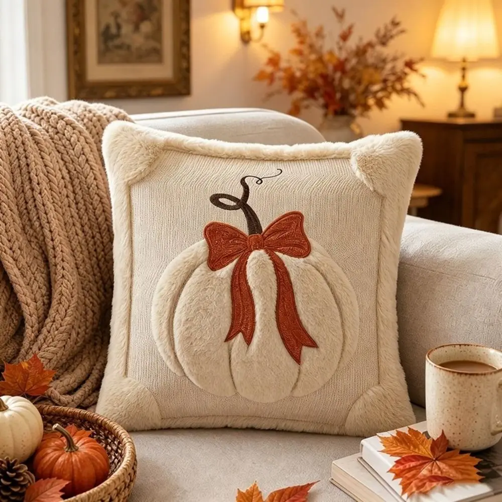 Kissenbezug mit getuftetem Kürbis-Motiv für den Herbst – Creme – Schleife