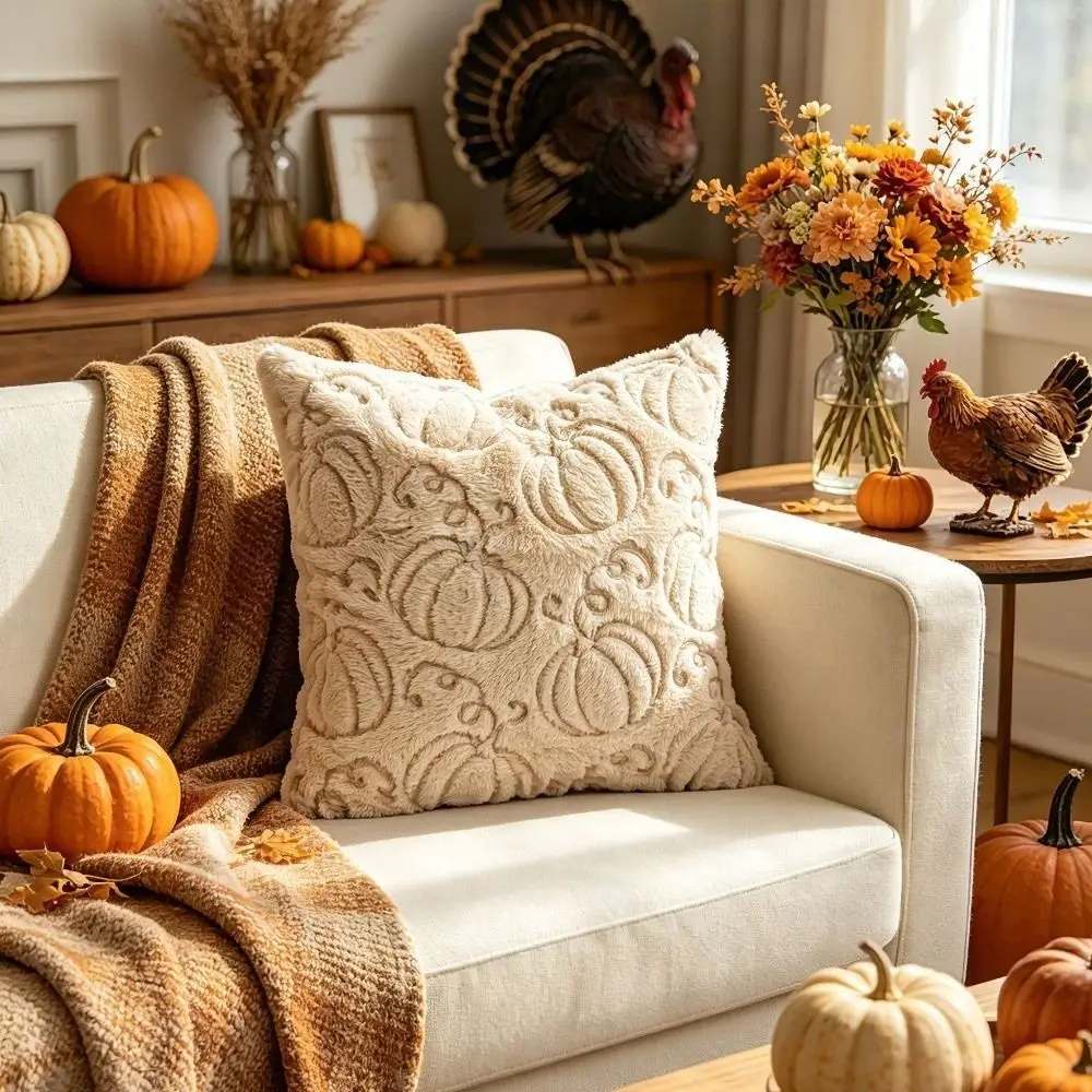 Kissenbezug flauschig mit Ahornblättern, Herbstdeko – Creme – Kürbismuster