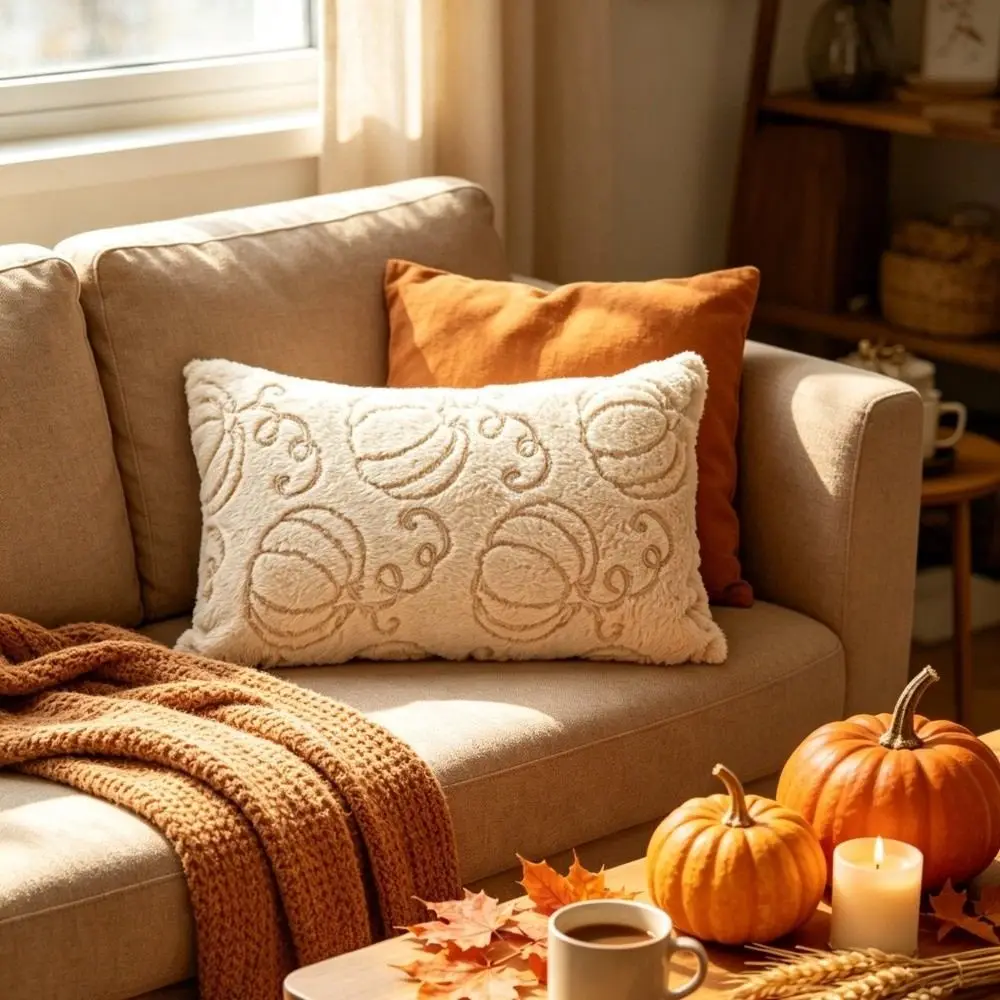 Kissenbezug flauschig mit Ahornblättern, Herbstdeko – Creme – Kürbisranken