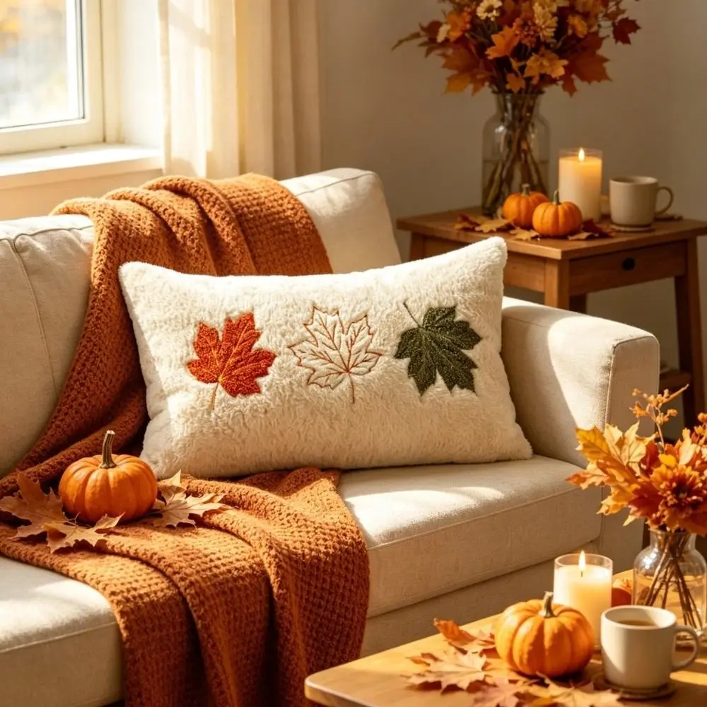 Kissenbezug flauschig mit Ahornblättern, Herbstdeko – Creme – Ahornblätter