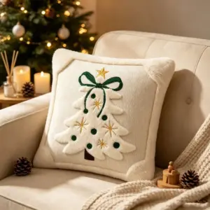 Kissenbezüge 45x45 in Creme mit Weihnachtsbaum und Schleife – Creme – grüne Schleife