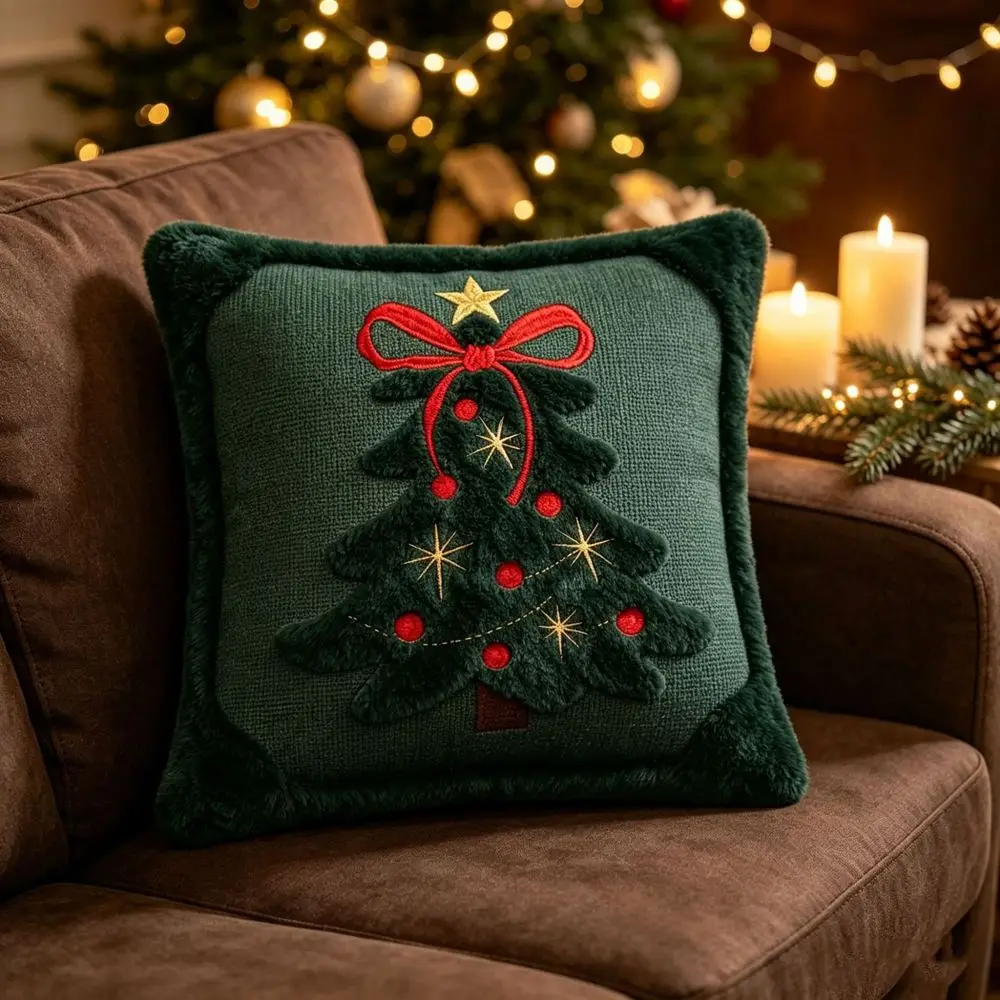 Kissenbezüge 45x45 in Creme mit Weihnachtsbaum und Schleife – Grün