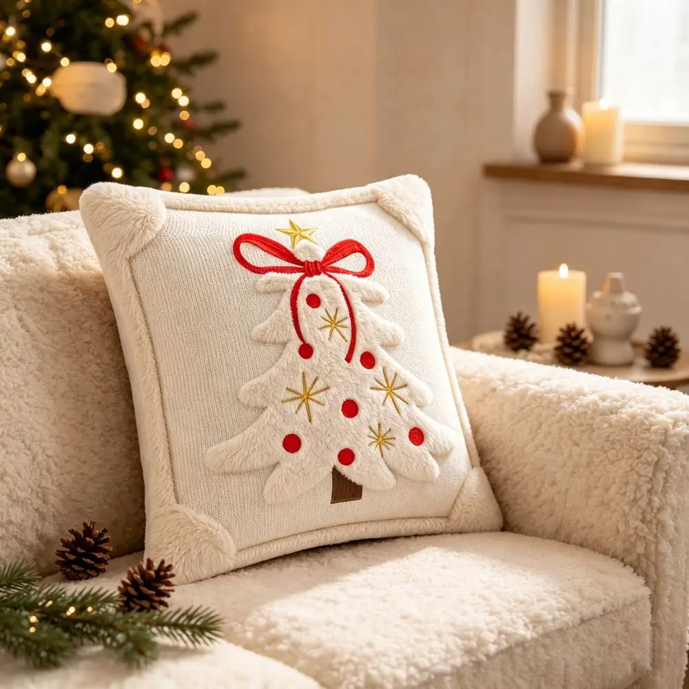 Kissenbezüge 45x45 in Creme mit Weihnachtsbaum und Schleife – Creme – rote Schleife