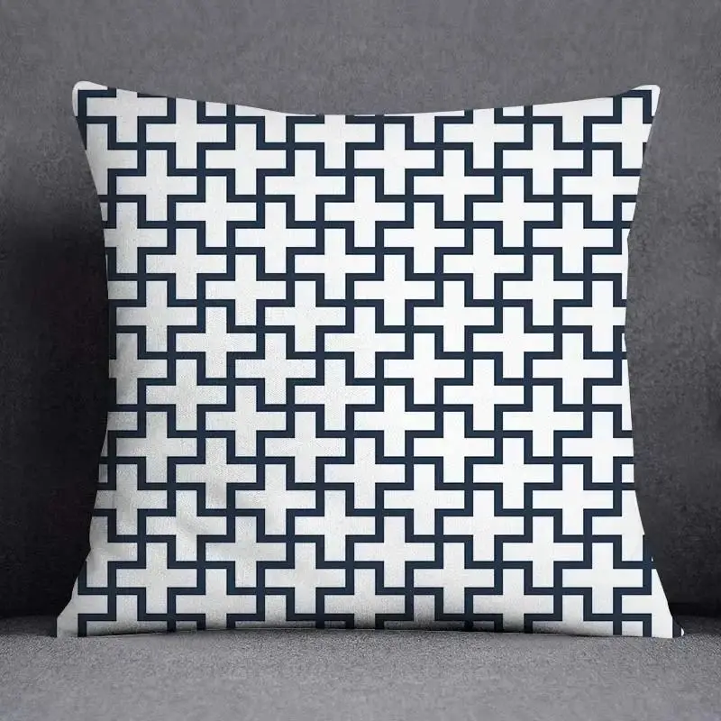 Kissenbezug 45x45 mit geometrischem Muster in Marineblau – Weiß – Gitter